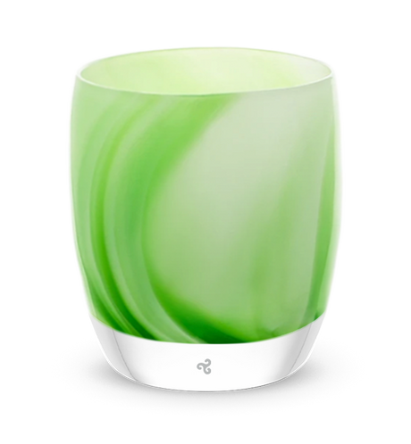 refresh, green and white opaque swirl, hand-blown glass votive candle holder
