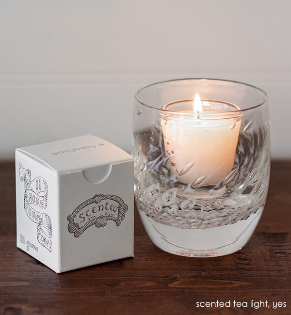 glassybaby scented tea light candle with box, paired with yes.