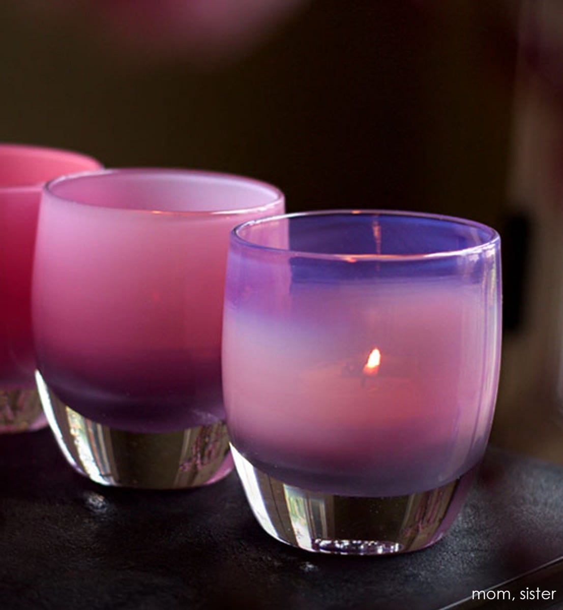 sister mauve purple hand-blown glass votive candle holder. Paired with mom.