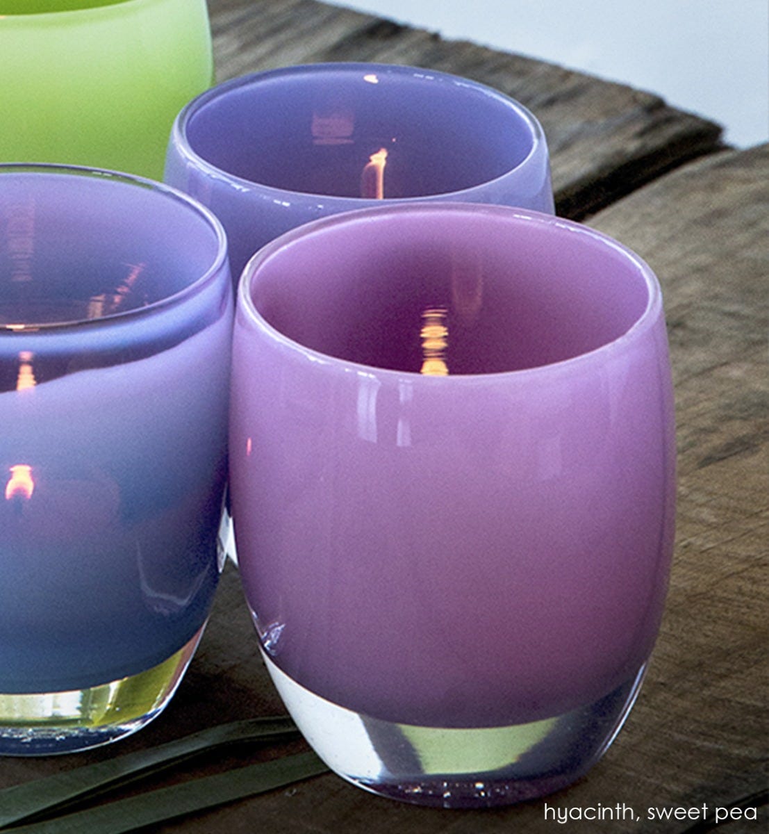 sweet pea, iris hand-blown glass votive candle holder. Paired with hyacinth.