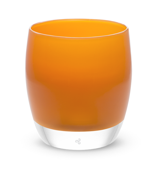 hand-blown apricot orange glass votive candle holder.