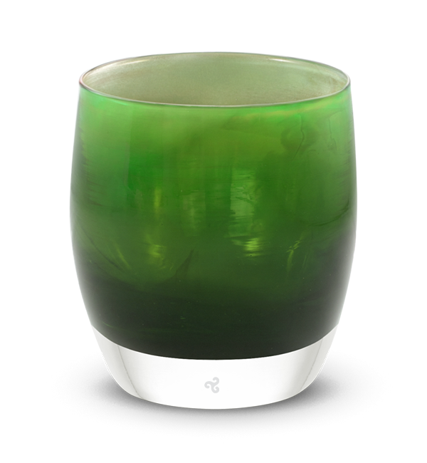 thoughtful hand-blown deep green with silver metallic interior glass votive candle holder