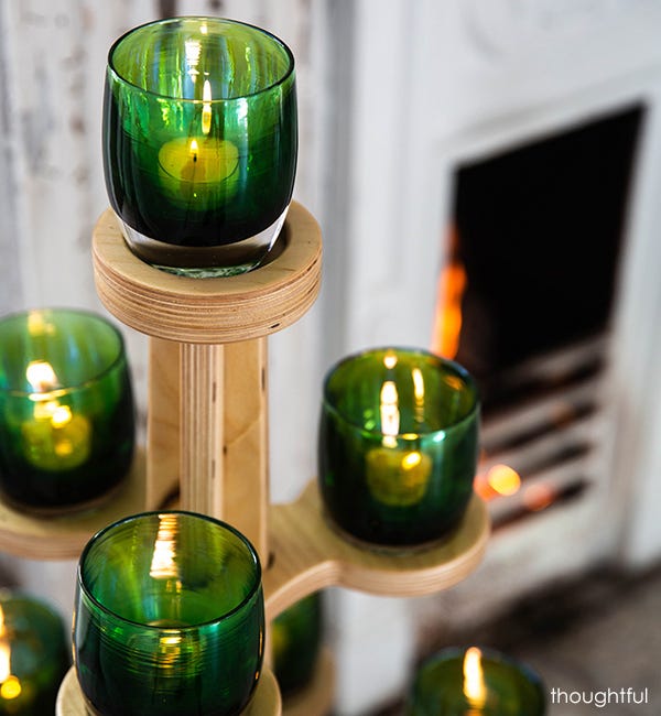 thoughtful deep green with silver metallic interior, hand-blown glass votive candle holder