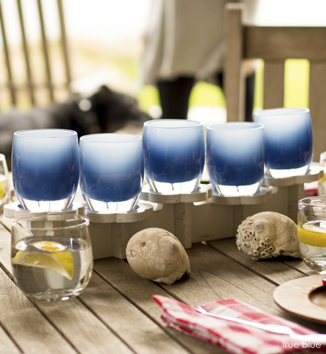 true blue stormy blue, hand-blown glass votive candle holder.