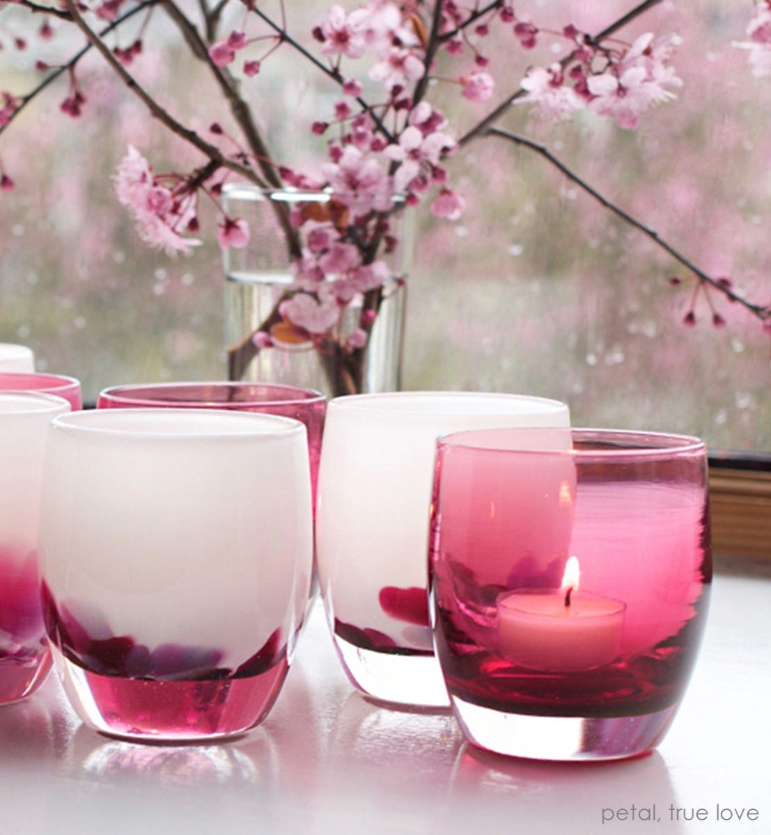 true love, transparent deep raspberry pink, hand-blown glass votive candle holder. Paired with petal.