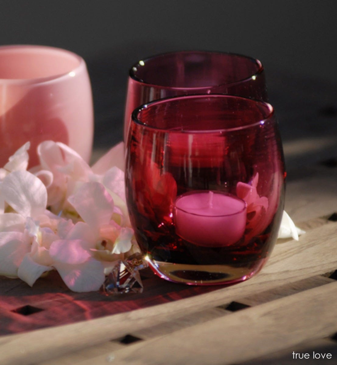 true love, transparent deep raspberry pink, hand-blown glass votive candle holder.