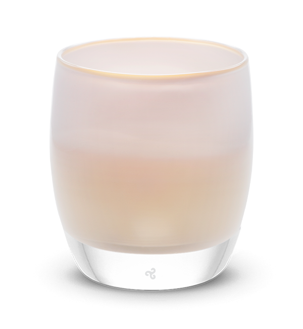 hand-blown pinky white glass votive candle holder.