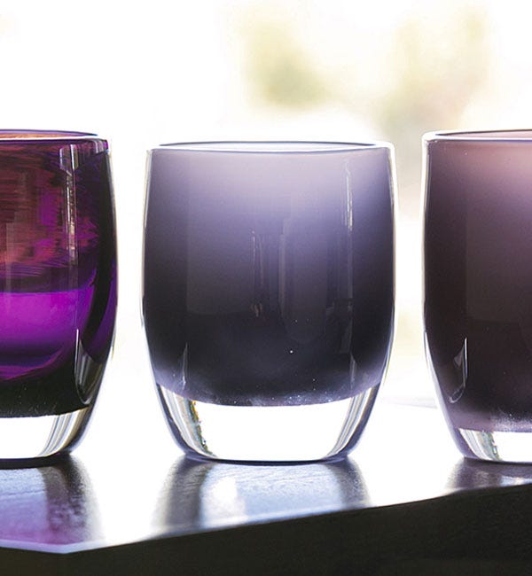 twilight, purple rhapsody hand-blown glass votive candle holder. Paired with tulip and eggplant.