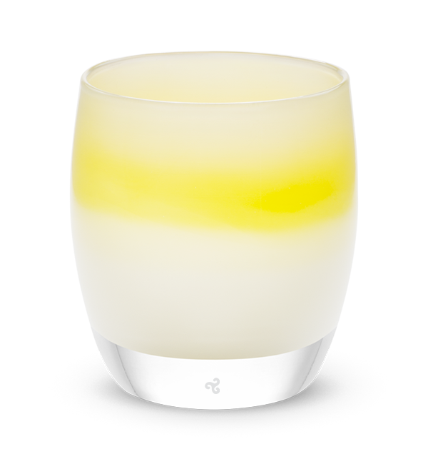 unconditional, white with yellow stripe, hand-blown glass votive candle holder