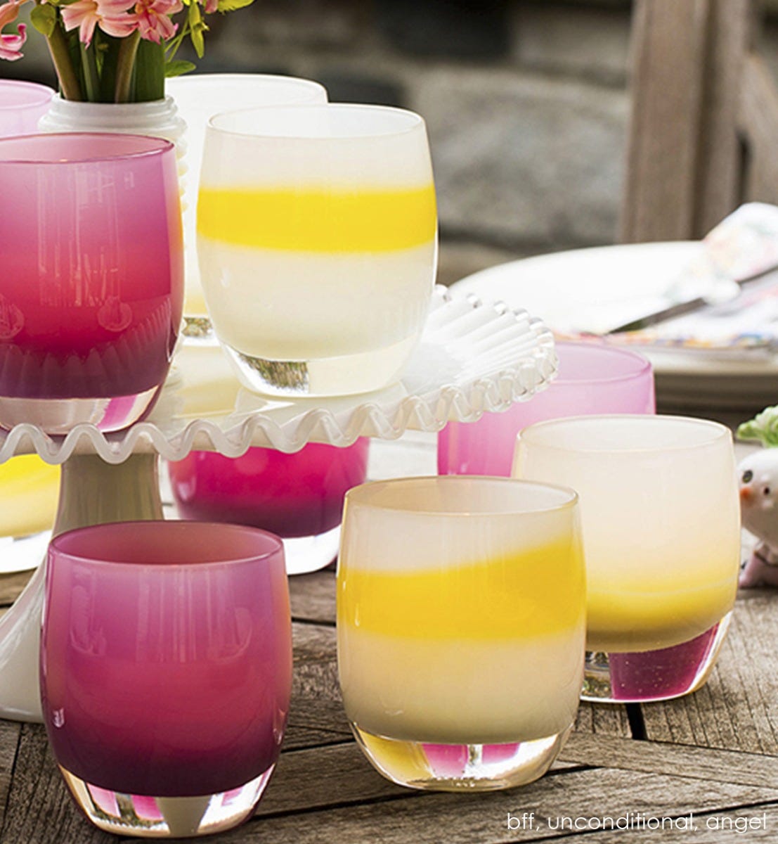 unconditional, white with yellow stripe, hand-blown glass votive candle holder. Paired with bff and angel.
