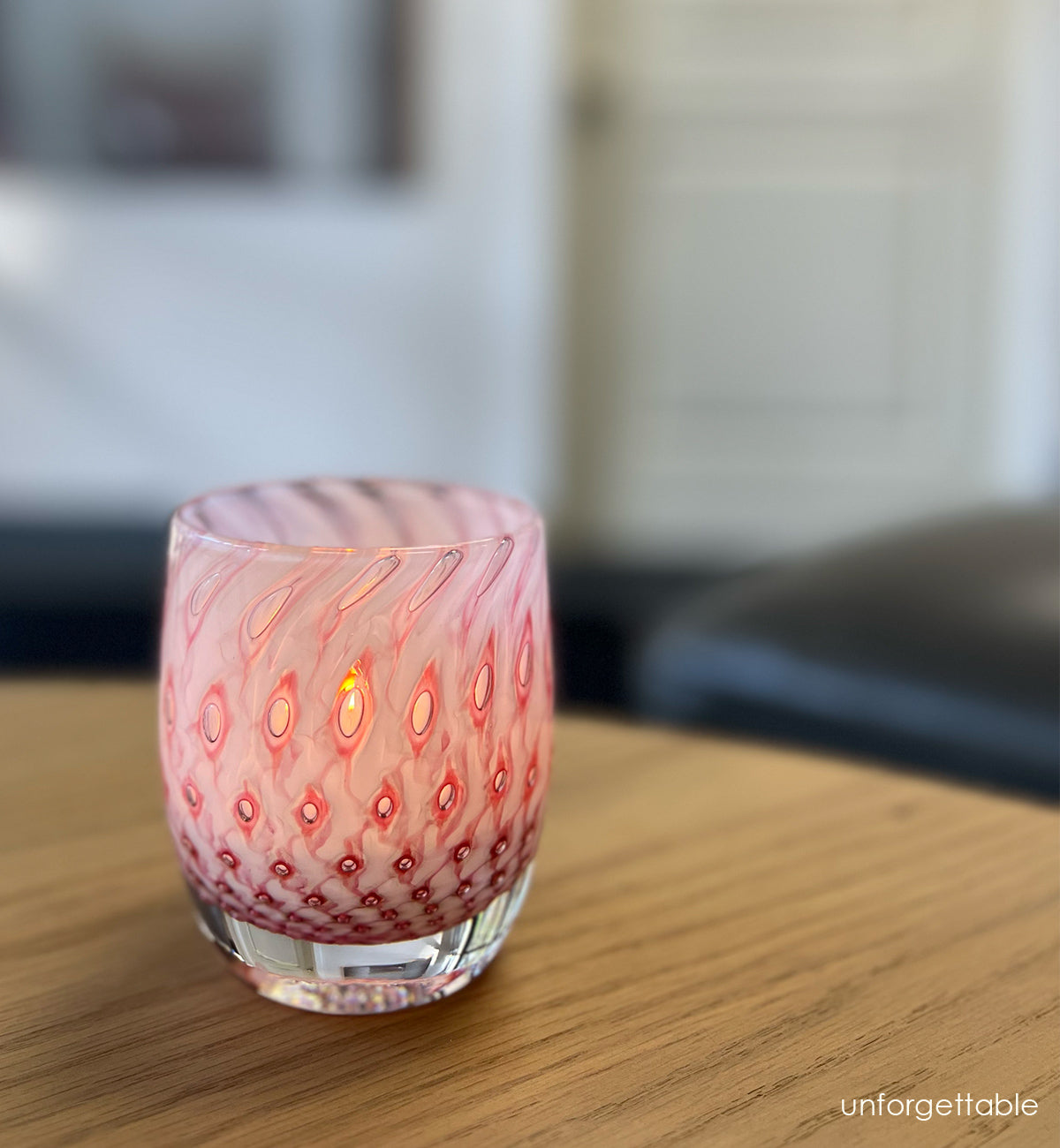 unforgettable white with pink bubbles, hand-blown glass votive candle holder