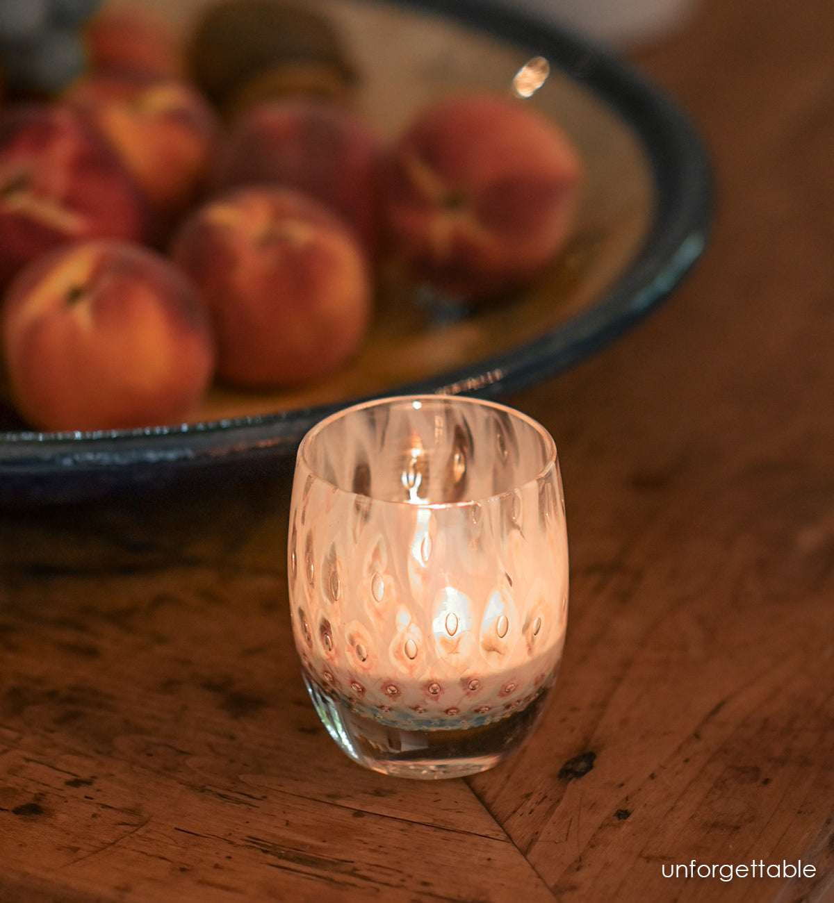 unforgettable white with pink bubbles, hand-blown glass votive candle holder