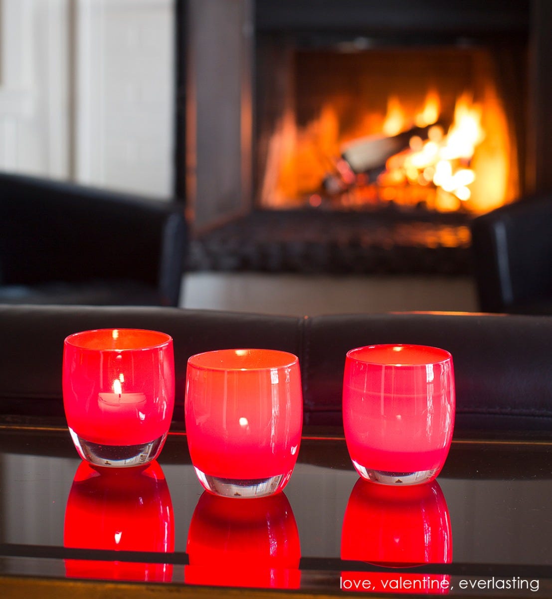 valentine red hand-blown glass votive candle holder. Paired with love and everlasting