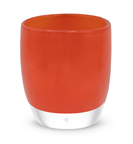 vitality, bright blood-orange, hand-blown glass votive candle holder.
