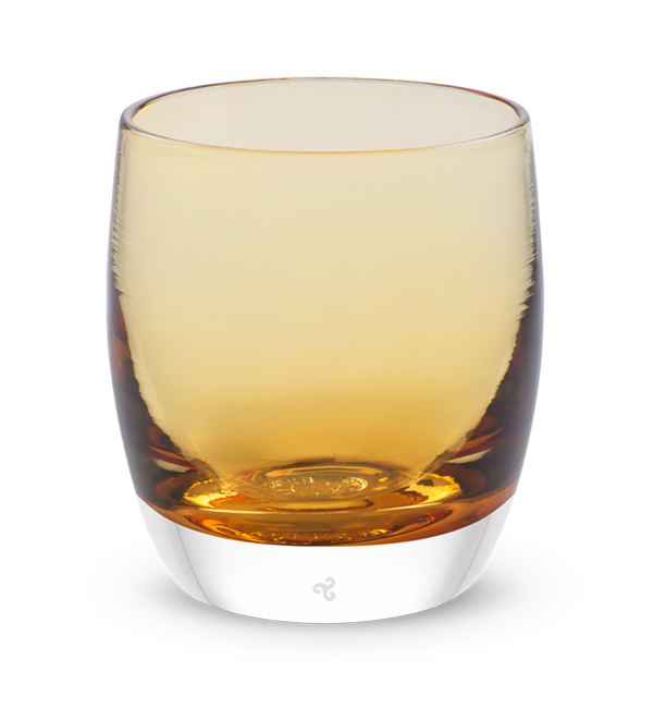 whiskey, transparent light amber, hand-blown glass votive candle holder.