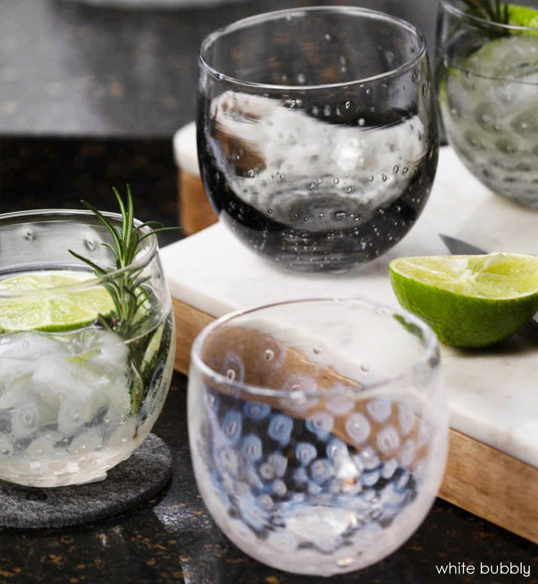 white bubbly drinker, white bubble pattern, hand-blown drinking glass