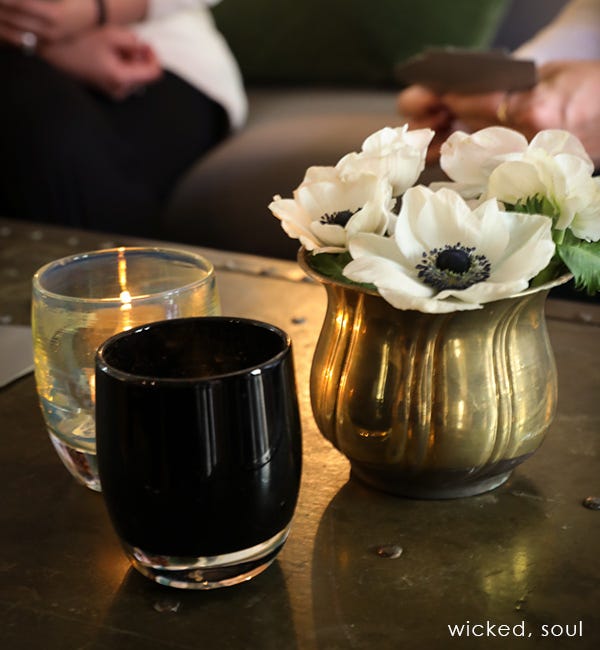 wicked, opaque purple black, hand-blown glass votive candle holder. Paired with soul.