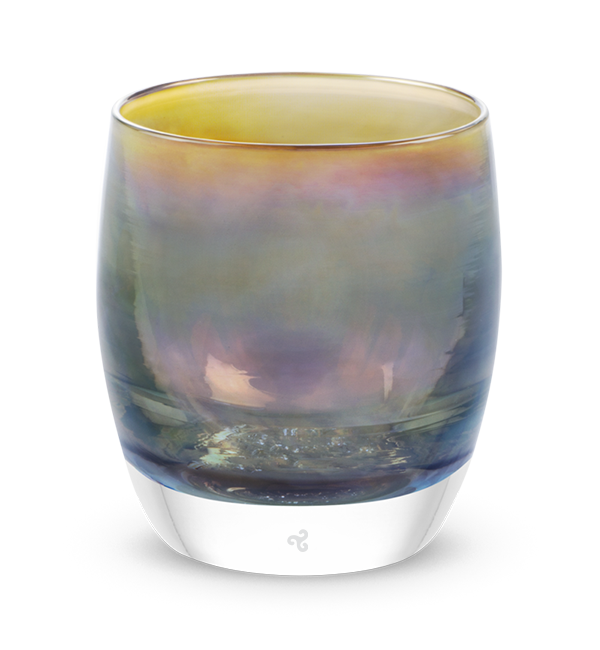 hand-blown deep gray with wisps of purple and yellow glass votive candle holder