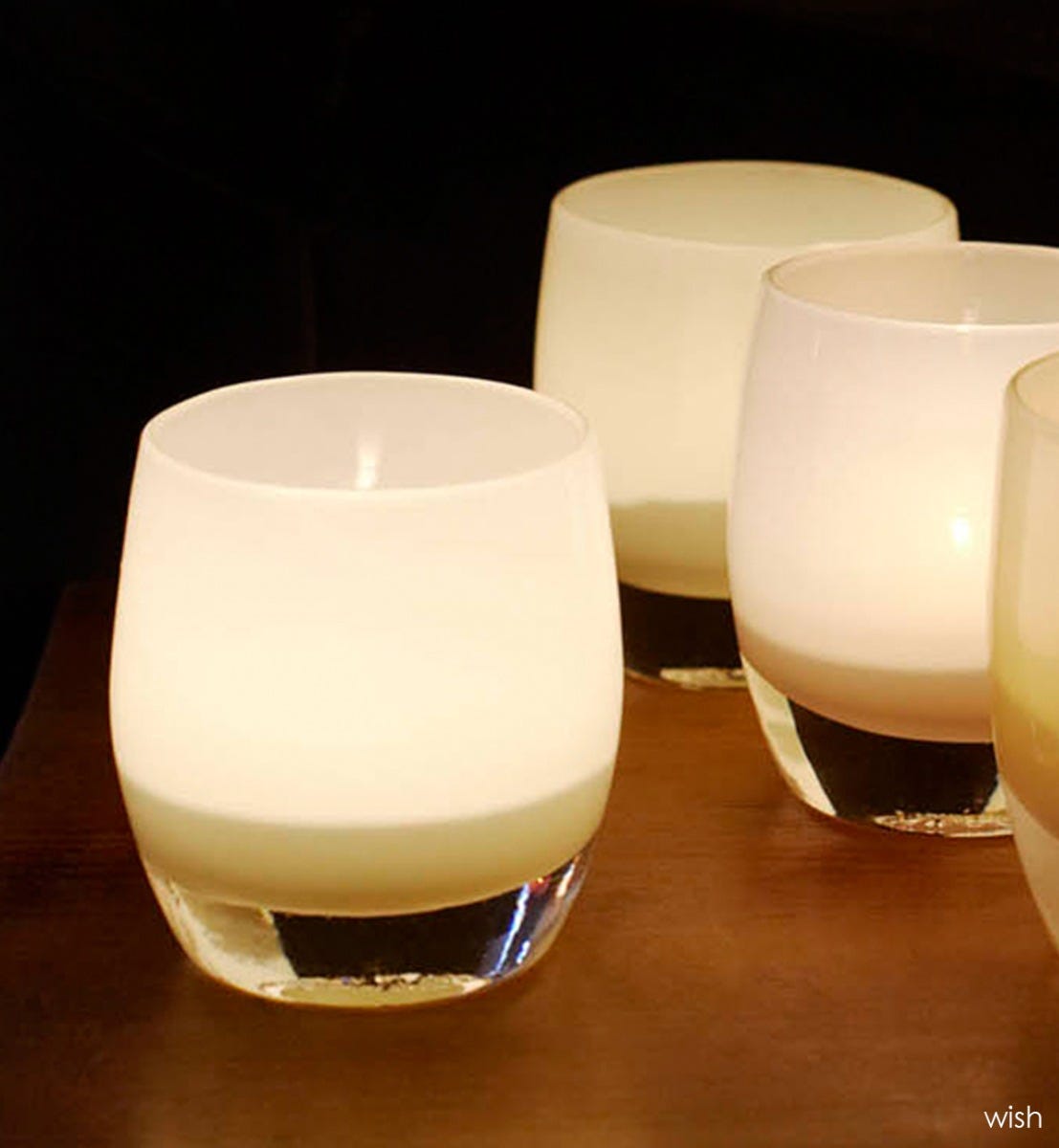 wish, light gray white, hand-blown glass votive candle holder