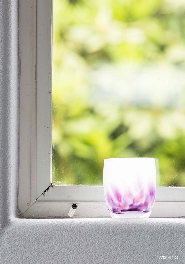 wisteria, white with purple petals emerging from the bottom, hand-blown glass votive candle holder